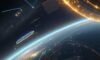 A cinematic wide shot of a high-tech satellite orbiting Earth, glowing with blue and gold data streams above a city-lit landscape.