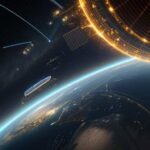 A cinematic wide shot of a high-tech satellite orbiting Earth, glowing with blue and gold data streams above a city-lit landscape.