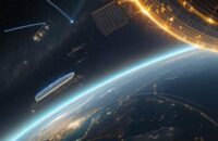 A cinematic wide shot of a high-tech satellite orbiting Earth, glowing with blue and gold data streams above a city-lit landscape.