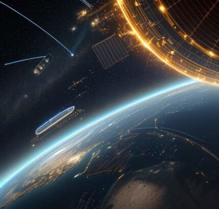 A cinematic wide shot of a high-tech satellite orbiting Earth, glowing with blue and gold data streams above a city-lit landscape.