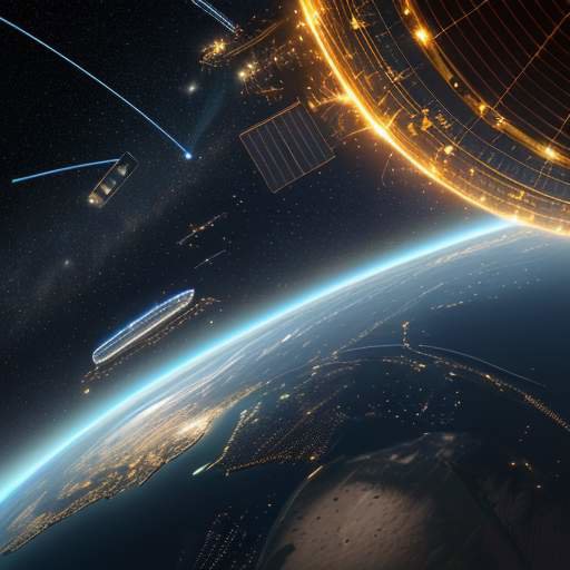 A cinematic wide shot of a high-tech satellite orbiting Earth, glowing with blue and gold data streams above a city-lit landscape.