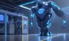A cinematic wide shot of a high-tech semiconductor fabrication facility featuring robotic arms, glowing silicon wafers, and a holographic projection of a humanoid robot's head.
