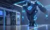 A cinematic wide shot of a high-tech semiconductor fabrication facility featuring robotic arms, glowing silicon wafers, and a holographic projection of a humanoid robot's head.