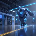A cinematic wide shot of a high-tech semiconductor fabrication facility featuring robotic arms, glowing silicon wafers, and a holographic projection of a humanoid robot's head.