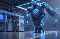 A cinematic wide shot of a high-tech semiconductor fabrication facility featuring robotic arms, glowing silicon wafers, and a holographic projection of a humanoid robot's head.