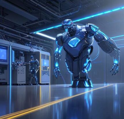 A cinematic wide shot of a high-tech semiconductor fabrication facility featuring robotic arms, glowing silicon wafers, and a holographic projection of a humanoid robot's head.