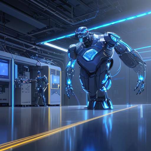 A cinematic wide shot of a high-tech semiconductor fabrication facility featuring robotic arms, glowing silicon wafers, and a holographic projection of a humanoid robot's head.