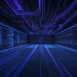 A cinematic, futuristic server room featuring glowing blue and purple fiber optic cables and a holographic quantum processor, symbolizing the shift toward physics-based quantum security.