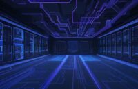 A cinematic, futuristic server room featuring glowing blue and purple fiber optic cables and a holographic quantum processor, symbolizing the shift toward physics-based quantum security.