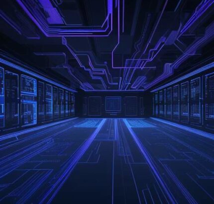 A cinematic, futuristic server room featuring glowing blue and purple fiber optic cables and a holographic quantum processor, symbolizing the shift toward physics-based quantum security.