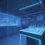 A glowing holographic 3D molecular structure of a drug molecule floats above a sleek glass workbench in a futuristic, high-tech laboratory.