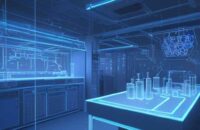 A glowing holographic 3D molecular structure of a drug molecule floats above a sleek glass workbench in a futuristic, high-tech laboratory.