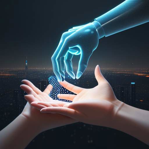 A human hand reaches out to touch a glowing, ethereal hand made of digital particles and code against a blurred night cityscape, symbolizing the evolving relationship between humanity and artificial intelligence.