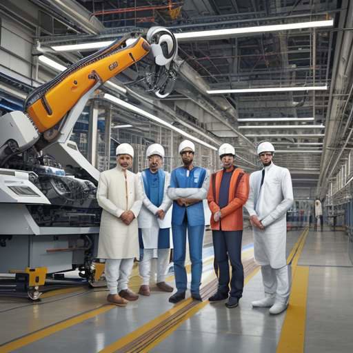 A diverse group of smiling Indian engineers and technicians standing in a modern high-tech factory, showcasing a newly completed drone amidst a production line with robotic arms.