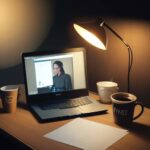 Dimly lit home office at night with a modern laptop glowing on a wooden desk, surrounded by scattered papers, a coffee mug, and headphones, illuminated by warm amber lamp light in a cinematic atmosphere of late-night work.