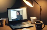 Dimly lit home office at night with a modern laptop glowing on a wooden desk, surrounded by scattered papers, a coffee mug, and headphones, illuminated by warm amber lamp light in a cinematic atmosphere of late-night work.