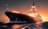 A cinematic wide shot of a massive LNG tanker at twilight, featuring digital binary code and red warning icons overlaying the navigation bridge to symbolize a cyber breach.