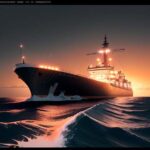 A cinematic wide shot of a massive LNG tanker at twilight, featuring digital binary code and red warning icons overlaying the navigation bridge to symbolize a cyber breach.