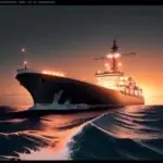 A cinematic wide shot of a massive LNG tanker at twilight, featuring digital binary code and red warning icons overlaying the navigation bridge to symbolize a cyber breach.