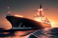 A cinematic wide shot of a massive LNG tanker at twilight, featuring digital binary code and red warning icons overlaying the navigation bridge to symbolize a cyber breach.