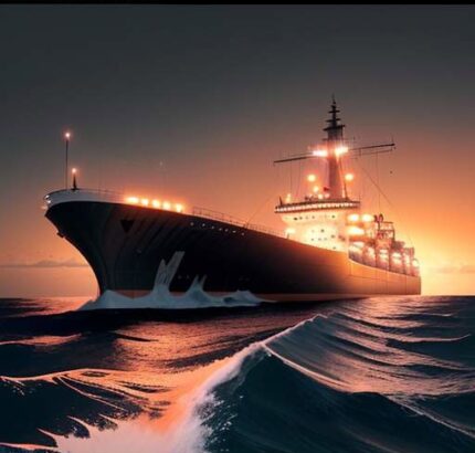 A cinematic wide shot of a massive LNG tanker at twilight, featuring digital binary code and red warning icons overlaying the navigation bridge to symbolize a cyber breach.