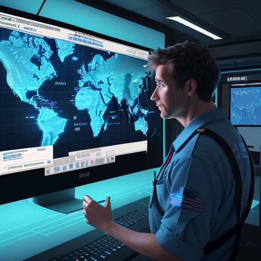 A technician in a high-tech maritime operations center looks concerned while viewing data on a tablet, as a large screen displays a world map with a red warning alert on a shipping route.