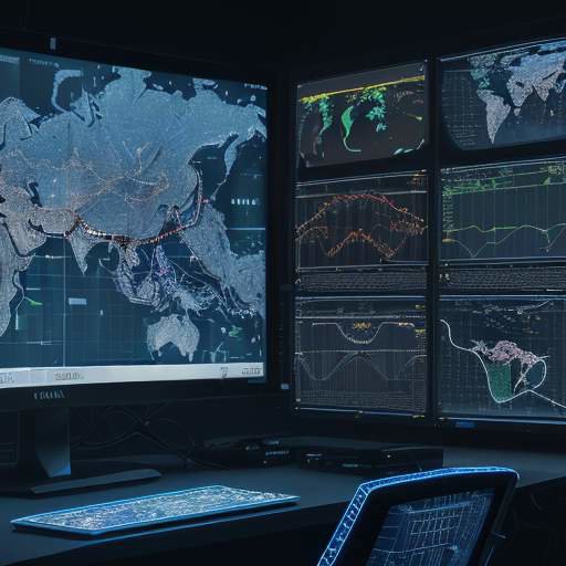 A high-tech military command center featuring a tablet displaying a 3D holographic flight path map with glowing data points in front of monitors showing radar data and code.