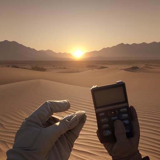A rugged, military-grade satellite phone held by a gloved hand in a dusty desert during a golden sunset.