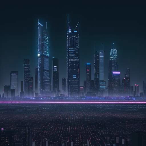 A modern city skyline at night with glowing neon skyscrapers and a large digital screen in the foreground displaying a complex, interconnected global data network.