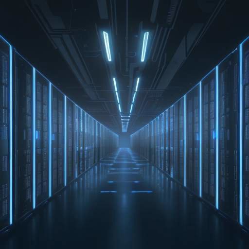 Modern cloud server room with rows of glowing blue servers in dark corridors, featuring atmospheric lighting and LED indicators, illustrating large-scale data infrastructure and redundancy.