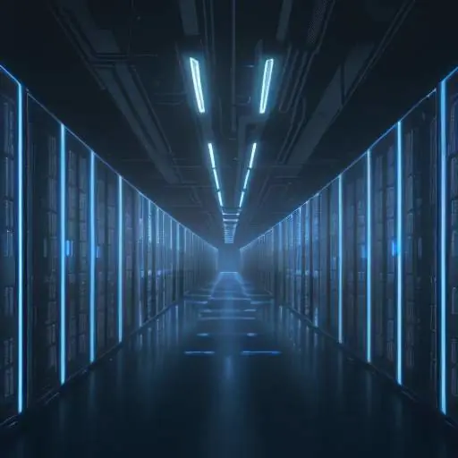 Modern cloud server room with rows of glowing blue servers in dark corridors, featuring atmospheric lighting and LED indicators, illustrating large-scale data infrastructure and redundancy.