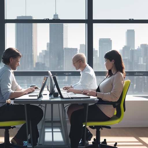 Diverse professionals collaborating in a bright, modern co-working space with large windows overlooking a city skyline, working on laptops and tablets in warm natural daylight.