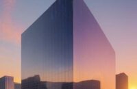 A cinematic shot of a modern Florida government building at sunset with a holographic neural network brain overlay, symbolizing the intersection of law and artificial intelligence.