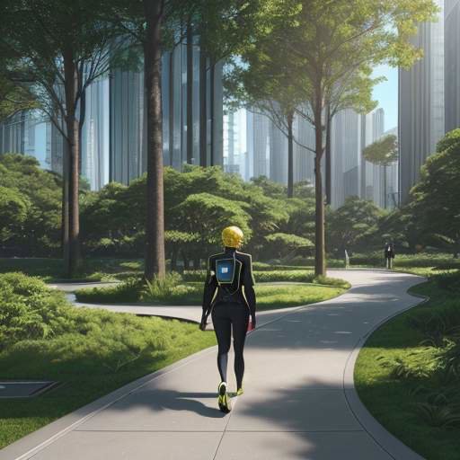 A person wearing sleek AR glasses walks through a futuristic park, following a glowing gold navigation path projected onto the ground amidst lush greenery and modern architecture.