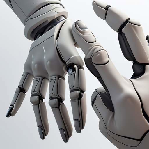 A high-tech humanoid robot hand with carbon fiber textures precisely gripping a delicate glass object in a warehouse.