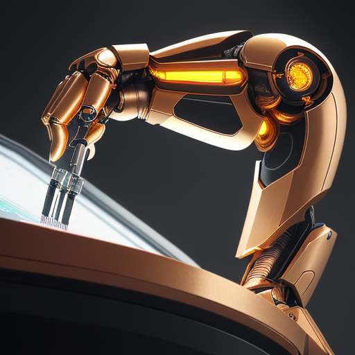 A robotic arm precisely assembling a microchip in a high-tech laboratory, highlighting intricate gold and copper circuitry and advanced manufacturing precision.