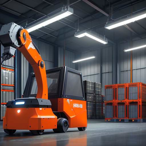 Robotic arms with glowing sensors and cameras sorting packages in a high-tech, automated warehouse with industrial lighting.