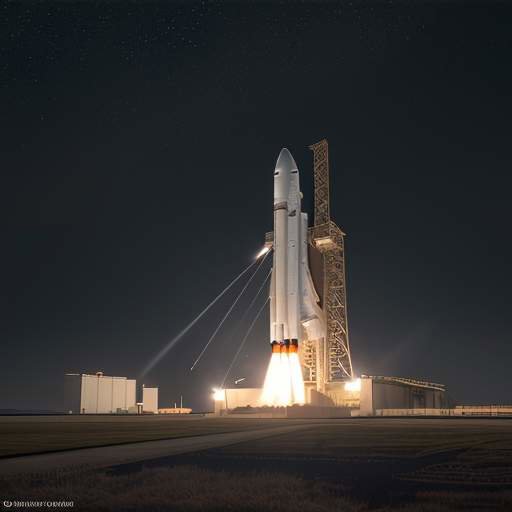 A cinematic wide-angle shot of a massive rocket on a launchpad at night, illuminated by bright lights with steam and fire venting from the base under a starry sky featuring faint satellites.