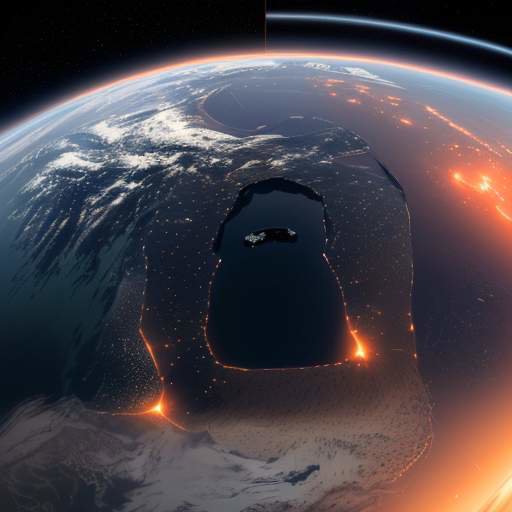 A cinematic view of Earth at twilight from space, featuring a high-tech communication satellite emitting a glowing beam of light toward a distant ground station amidst city lights.