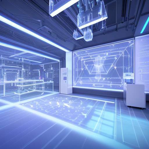 A scientist in a lab coat interacts with a glowing crystalline quantum processor amidst high-tech machinery and holographic molecular displays.
