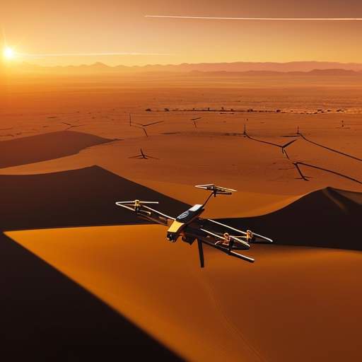 A futuristic drone with solar panels glides over a vast desert at sunset, with a wind farm visible in the distance.