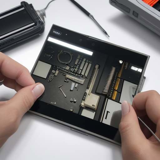 A technician uses a precision screwdriver to repair a modular smartphone with visible internal components in a brightly lit, modern workshop.