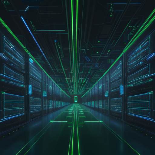 A photorealistic underground server farm with glowing blue and green lights, featuring a holographic shield icon over the corridors to symbolize cybersecurity.