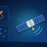 Illustration with a satellite, a judge's gavel and a network of nodes