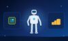 Illustration with a humanoid robot, a processor chip and stacks of coins