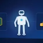 Illustration with a humanoid robot, a processor chip and stacks of coins