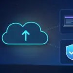 Illustration with a cloud backup, a laptop and a security shield