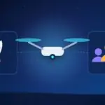 Illustration with a drone, a rocket and a group of people