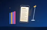 Phone showing an e-book page next to a row of books and a reading lamp