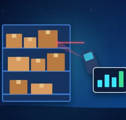 Warehouse shelf with boxes, a barcode scanner beam and a stock chart on a tablet